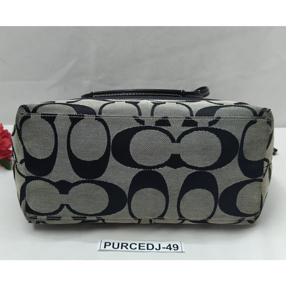 Coach Signature Black Canvas Stripe Double Handles Zipper Tote Shoulder Bag - Picture 8 of 16